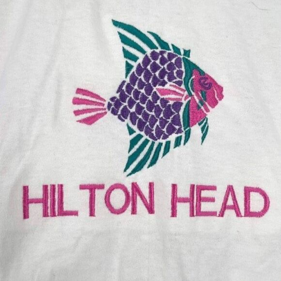 Vintage 80s Hilton Head Single stitch Tropical Fish T-Shirt White Medium - Picture 2 of 9